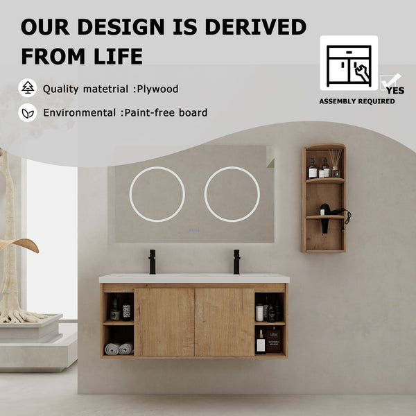 English Elm 48" Wall-Mounted Bathroom Vanity With Double Sink, Storage Rack & Soft Close Doors For Modern Spaces W999S00347