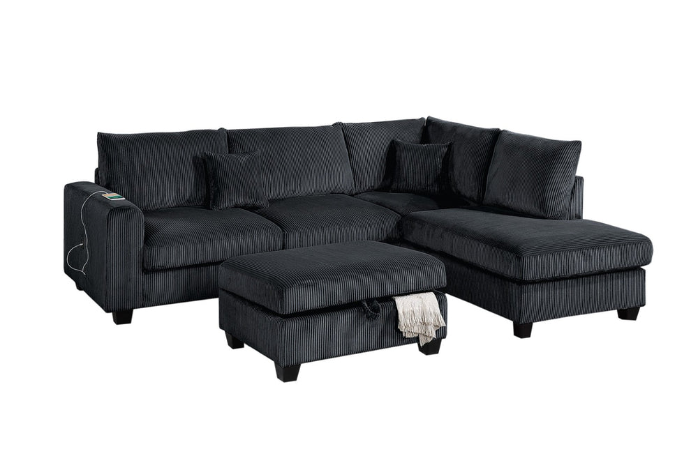 English Elm Modern Corduroy 3 Piece Sectional with Usb Charging Port and Storage Ottoman B011S02185