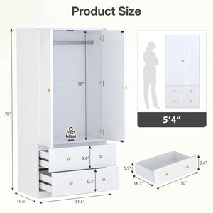 English Elm Armoire Wardrobe with Soft Close Doors Two Drawers Mdf Wood Bedroom Storage White T3773P416712