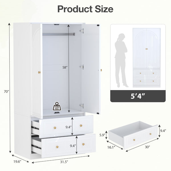 English Elm Armoire Wardrobe with Soft Close Doors Two Drawers Mdf Wood Bedroom Storage White T3773P416712