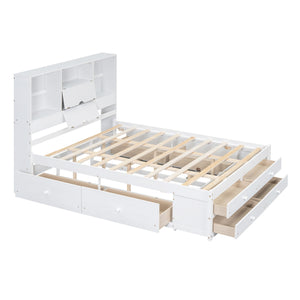 English Elm Queen Platform Bed with Built-In Headboard Storage and 8 Drawers, Solid Wood MDF, Sturdy Design White GX000453AAK