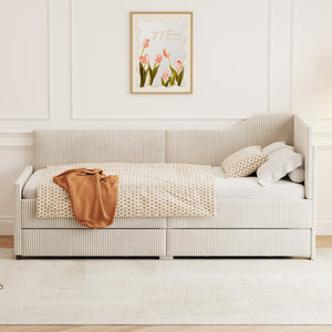 English Elm Twin Size L-Shaped Corduroy Daybed,Upholstered Bed Frame With 2 Storage Drawers, Beige