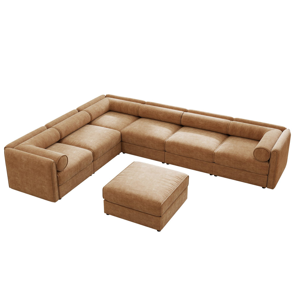 English Elm Modern 6-Piece Modular Sectional Sofa Camel Chenille with Cylindrical Support & Hidden Storage, Versatile Configurations W714S01234
