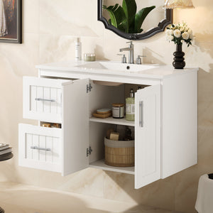 English Elm 36'' Wall Mounted Bathroom Vanity with Ceramic Sink, Solid Wood & MDF Floating Cabinet with Drawers White N710P293299K