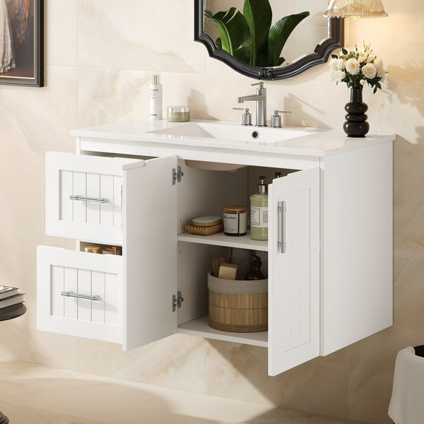 English Elm 36'' Wall Mounted Bathroom Vanity with Ceramic Sink, Solid Wood & MDF Floating Cabinet with Drawers White N710P293299K