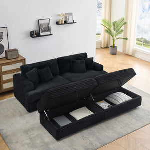 English Elm 82-Inch Black Corduroy Sofa With Storage Footrests & 4 Washable Pillows – Chic Living Room Upgrade! W1658S00114