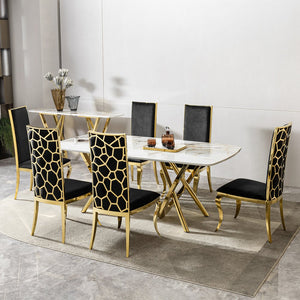 English Elm Set of 6 Black+Gold Marble MDF Dining Table with Mirror Top, Gold Stainless Steel Base & 6 Chairs W2723S00014