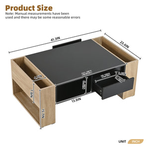 English Elm ON-TREND High Gloss Coffee Table with 2 Drawers, Hidden Compartment, Open Shelf, Modern Luxury Finish Black+Natural N721P205792B