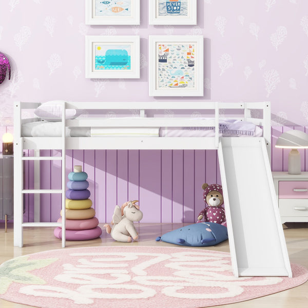 English Elm Twin Low Loft Bed with Slide and Ladder for Kids, Rubberwood Frame, Safety Guardrails & Playspace White W504P218525