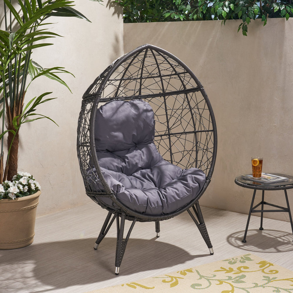 English Elm Christopher Knight Home® - GIANNI Teardrop Wicker Outdoor Chair with Water-Resistant Cushion, Handcrafted Faux Rattan Iron Frame Comfort Gray 65645.00GDGRY