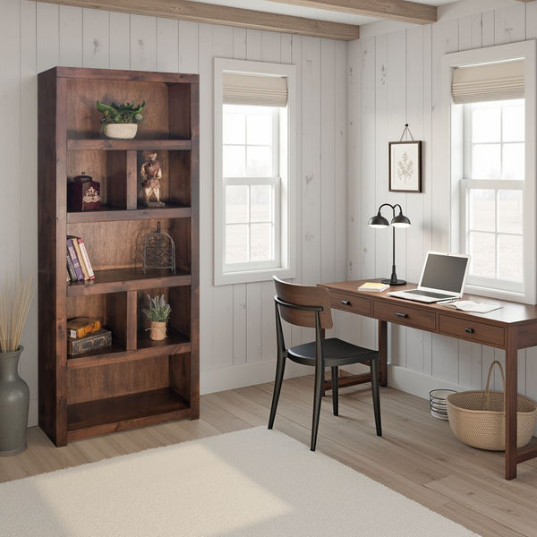 English Elm 79 Inch High Bookcase in Whiskey Finish — Solid Knotty Alder, 7 Shelves, Distressed Rustic Urban Style, Fully Assembled B108P160198