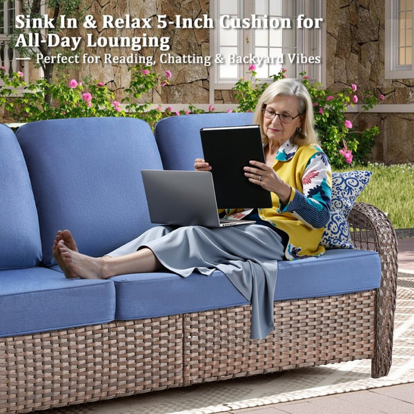English Elm 75.2" Outdoor Pe Wicker Patio Sofa with T-back Cushions and Rust-resistant Steel Frame T3773P418416