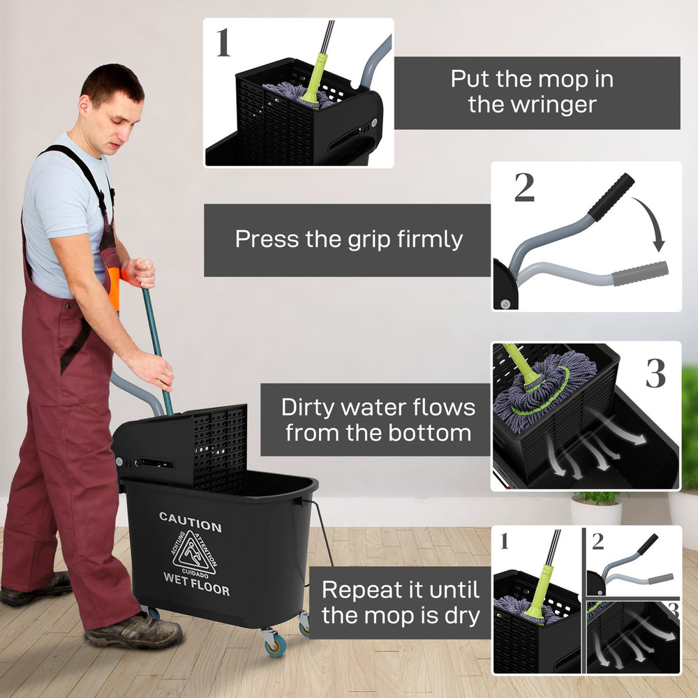 English Elm HOMCOM Professional 21Qt Mop Bucket with Down-Press Wringer, Dual-Chamber Water Separation, Casters Black W2225P217086