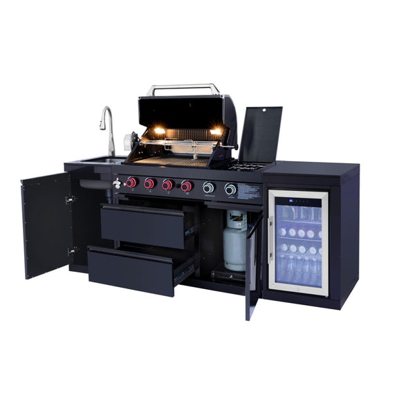 English Elm Outdoor Propane Kitchen Island with Grill Sink Refrigerator and Bar in Stainless Steel W5007S00006