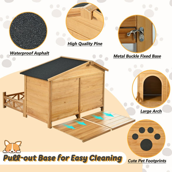 English Elm 48" Pine Wood Outdoor Dog House with Porch Asphalt Roof and Raised Floor for Medium Breeds FG201608AAA