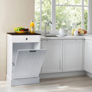English Elm Tilt Out Trash Can Cabinet 10 Gal Hidden Tilt Design with 2 Drawers Farmhouse MDF Organizer White W3204P364054