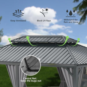 English Elm 13x15ft Hardtop Gazebo Galvanized Steel Double Roof Ventilated Patio Shelter with Netting Gray W1859S00205