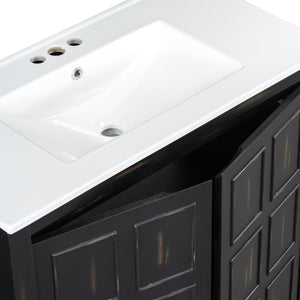 English Elm 36" Bathroom Vanity Organizer with Ceramic Sink, Solid Wood Distressed Finish, Hand-Painted Charm and Ample Storage Espresso N729P255666P