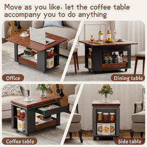 English Elm 27.6'' Modern Multi-Function Coffee Table with Foldable Top, Casters, Multi-Tier Storage & Drawer Black,Walnut N735P328521B