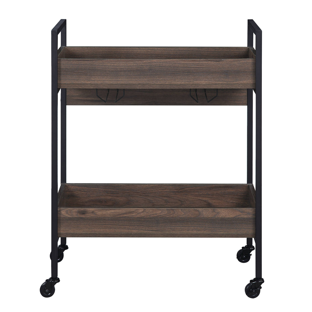 English Elm Jerrick Walnut & Black Serving Cart with 2-Tier Shelves, Powder-Coated Metal Frame, Cup Holder - Durable Utility Table B2726P286744
