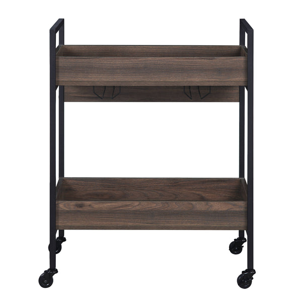 English Elm Jerrick Walnut & Black Serving Cart with 2-Tier Shelves, Powder-Coated Metal Frame, Cup Holder - Durable Utility Table B2726P286744