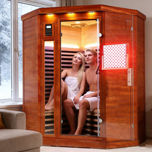 English Elm Far Infrared Corner Sauna for Two Okoume Wood Low Emf Red Light Therapy Home Spa W3973S00012
