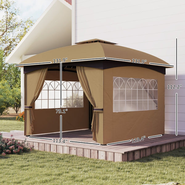 English Elm Double Tier Outdoor Gazebo with Arched Windows Steel Frame and Uv Resistant Polyester Canopy Beige T3971P426830