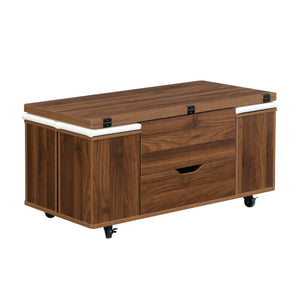 English Elm Christopher Knight Home® - Multi-Functional Lift-Top Coffee Table with Hidden Storage, 4 Stools, Lockable Casters & Desk Space Walnut,White N770P309783W