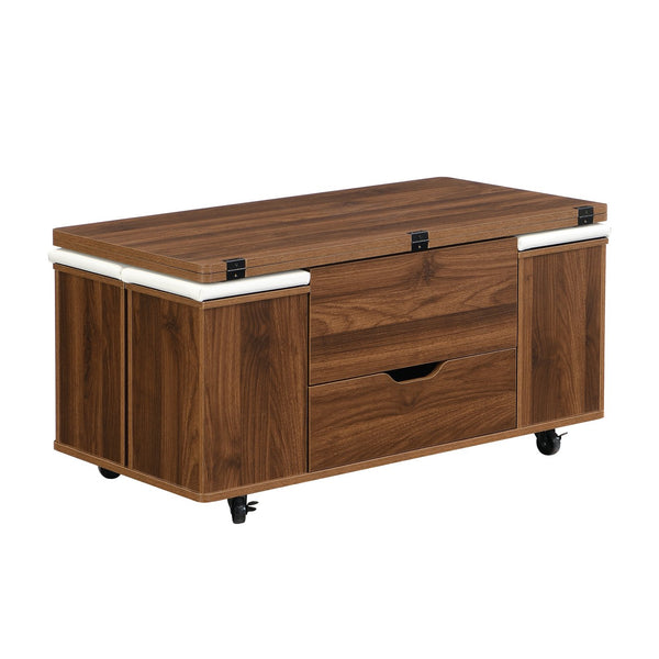 English Elm Christopher Knight Home® - Multi-Functional Lift-Top Coffee Table with Hidden Storage, 4 Stools, Lockable Casters & Desk Space Walnut,White N770P309783W