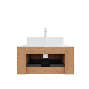 English Elm Muri Floating Bathroom Vanity Plywood Cabinet Sintered Stone Top Oak Drawer Natural Wood,White W2615S00160