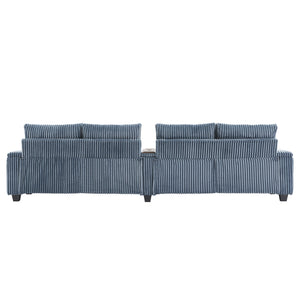 English Elm 4-seater Corduroy Sofa with USB Ports, Flip-Top Cup Holders, Hidden Arm Storage & Ultra-Deep Seats Blue N719S001990C