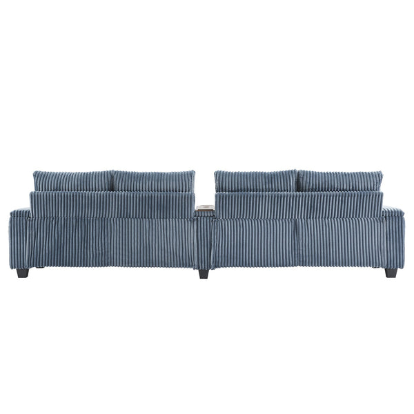 English Elm 4-seater Corduroy Sofa with USB Ports, Flip-Top Cup Holders, Hidden Arm Storage & Ultra-Deep Seats Blue N719S001990C