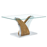 English Elm Rectangular Coffee Table.Tempered Glass Countertop, and Artistic Mdf Legs,Perfect For Hosting Dinners, Conferences, Home, and Office Decorations.White and Wood,Dining Table,Tea Table.Coffee Table.