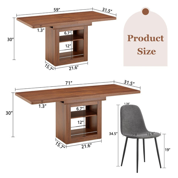 English Elm Expandable Walnut Dining Set with Four Linen Chairs Seats Six in Modern Style W1151S04712
