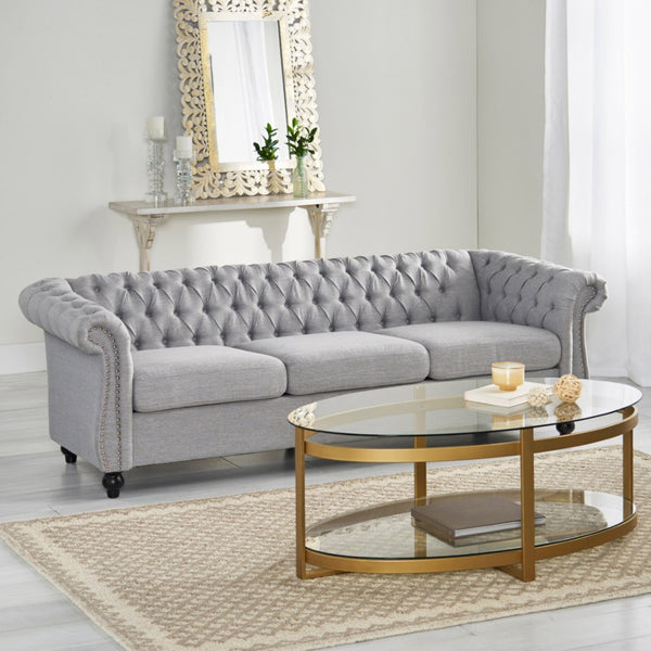 English Elm Sofa Chesterfield Three Seat Tufted Scrolled Arm Nailhead Living Room Formal Piece 68014.00FCLOUDGRY