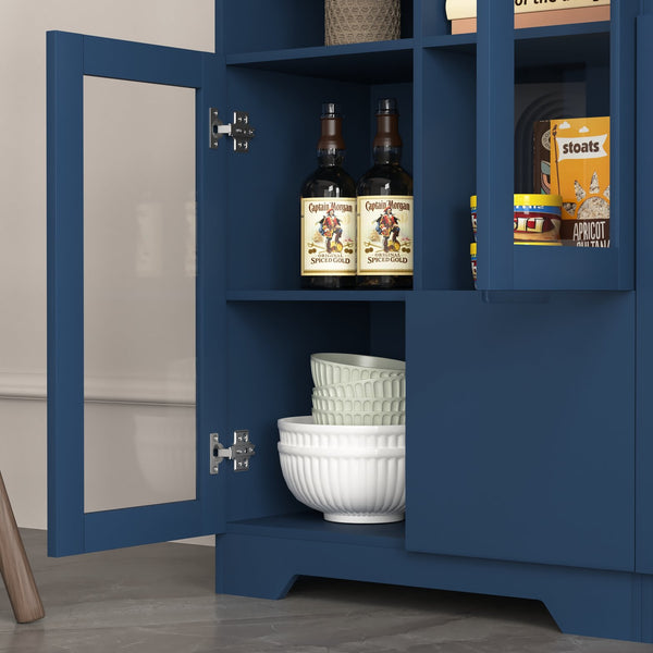 English Elm MDF modern painted storage cabinet with glass doors, drawer and open shelves for entryway decor (97) Blue W409P171443