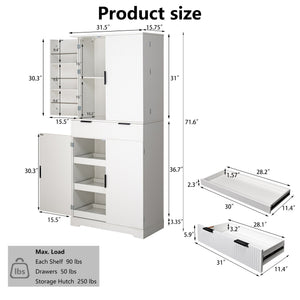 English Elm 72" Fluted Kitchen Pantry Cabinet with Anti-Tilt Stabilizers, Triple-Fold Hinges, Spice Door Racks and Deep Storage White W2917P294978
