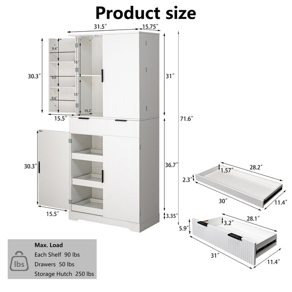 English Elm 72" Fluted Kitchen Pantry Cabinet with Anti-Tilt Stabilizers, Triple-Fold Hinges, Spice Door Racks and Deep Storage White W2917P294978