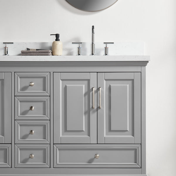 English Elm Fully 60'' Freestanding Double Bathroom Vanity with Solid Wood Base and Carrara Engineered Marble Top Gray W1826P382805