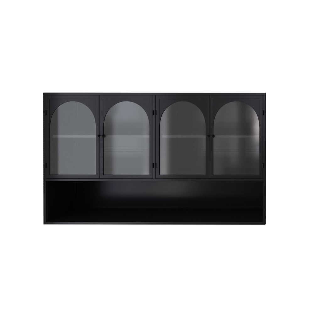 English Elm 47.25" Four-door Glass Wall Cabinet Storage - Durable Iron & Tempered Glass, Space-Saving Vertical Organizer Black W757P205949
