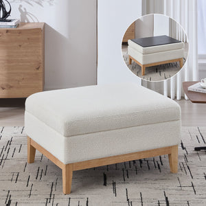 English Elm 33.86"W Upholstered Storage Ottoman - Ivory Boucle Coffee Table & Footrest With Rubberwood Legs W3118P283463