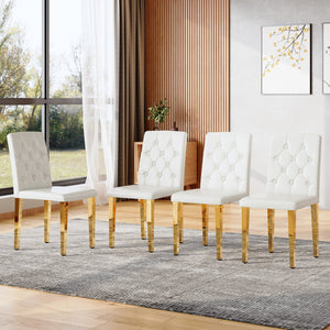 English Elm 4-pack PU dining chairs with ergonomic buckle backrest, high-density sponge seat, gold metal legs elegant luxury White+Gold W1151P295709
