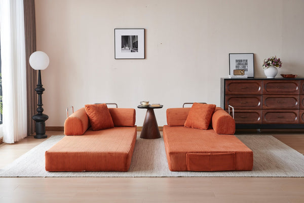 English Elm 78.8" Corduroy Modular Floor Sofa Convertible Sleeper Futon with Pillow Back Support Orange W5617P455986