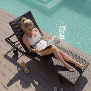 English Elm K&k Outdoor Wicker Reclining Chaise Set 2 Piece with Pull Out Tray Rolling Wheels Black+Brown N707P395515D
