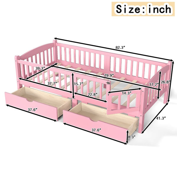 English Elm Twin Xl Kids Platform Bed Pine Wood Frame with Guardrails and Under Bed Storage Pink W1580P383112