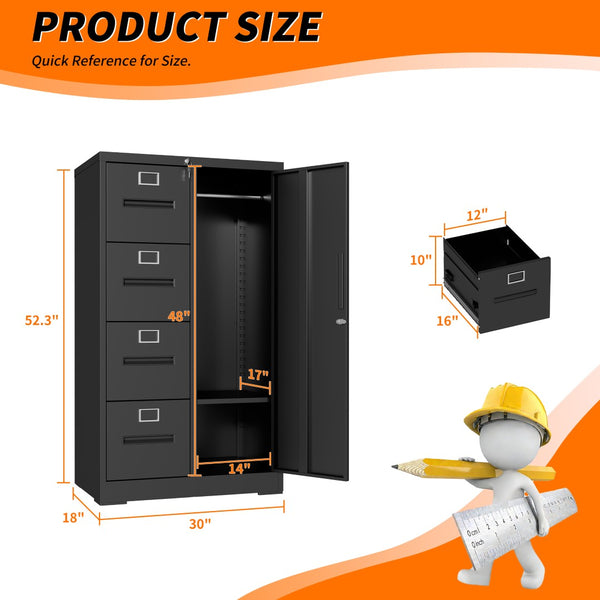 English Elm Metal Four Drawer Filing Cabinet with Lock Steel Storage for Home Office Bedroom Black W2735P457274