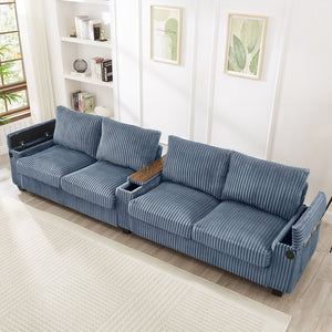 English Elm 4-seater Corduroy Sofa with USB Ports, Flip-Top Cup Holders, Hidden Arm Storage & Ultra-Deep Seats Blue N719S001990C