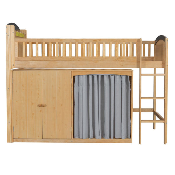 English Elm Twin Loft Bed with Wardrobe Cabinet Led Lighting and Pine Frame for Kids Rooms Wood N7090002235M