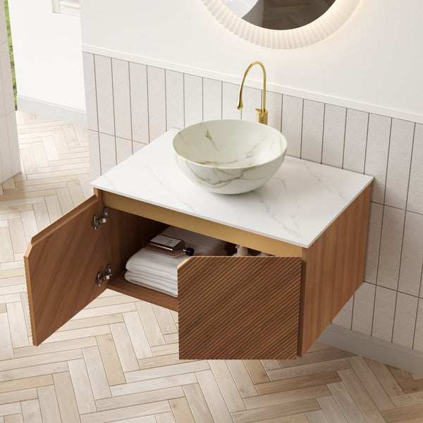 English Elm Muri Floating Bathroom Vanity Plywood Cabinet Sintered Stone Top Oak Drawer W2615S00578