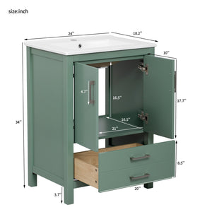 English Elm 24'' Green Bathroom Vanity with Ceramic Sink Combo — Modern Freestanding MDF & Solid Wood Storage, Soft-Close Doors, Silver Handles N710P228364F